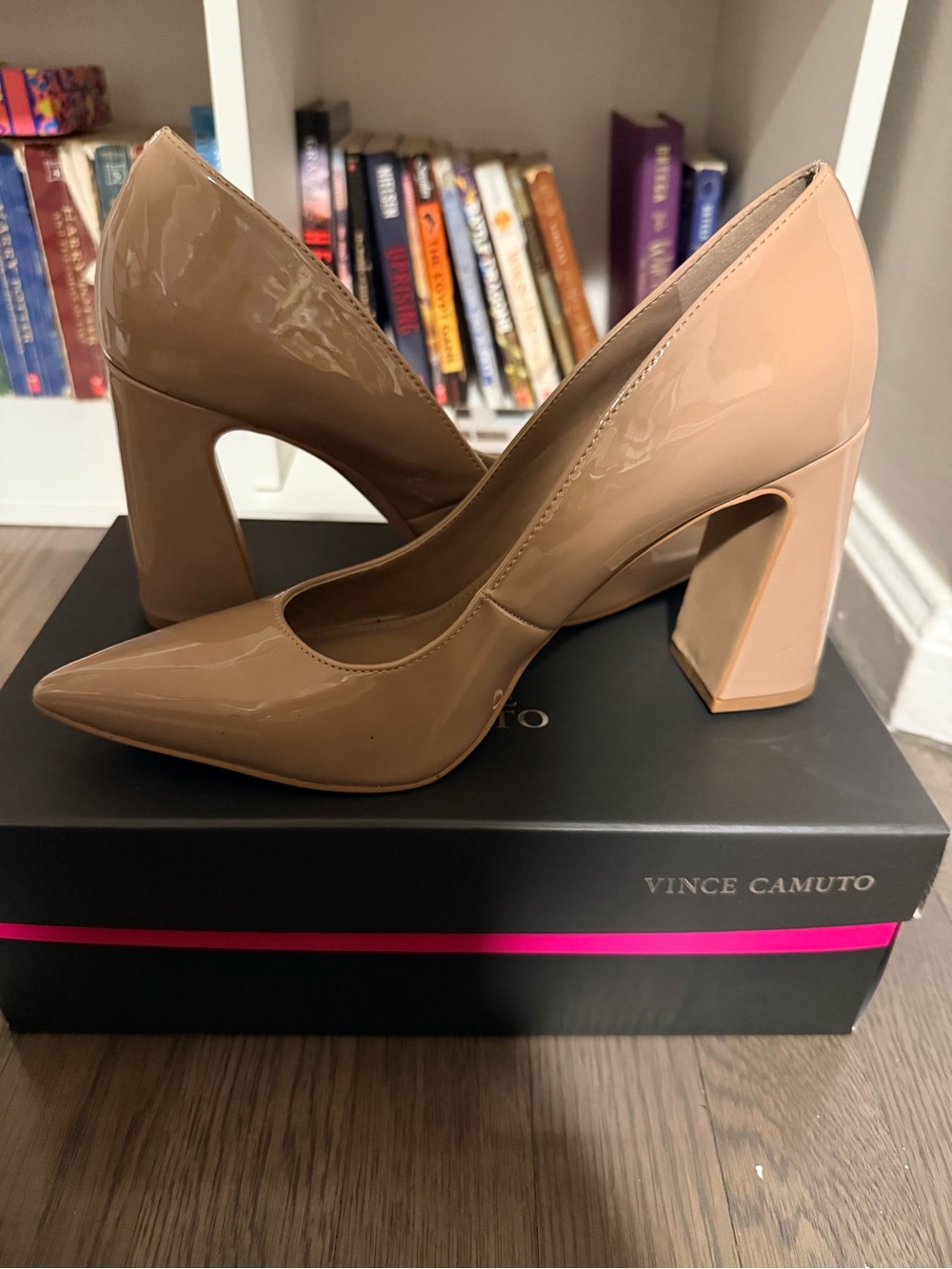 Vince Camuto Two-Tone Patent Block Heel Pumps in Beige and Taupe